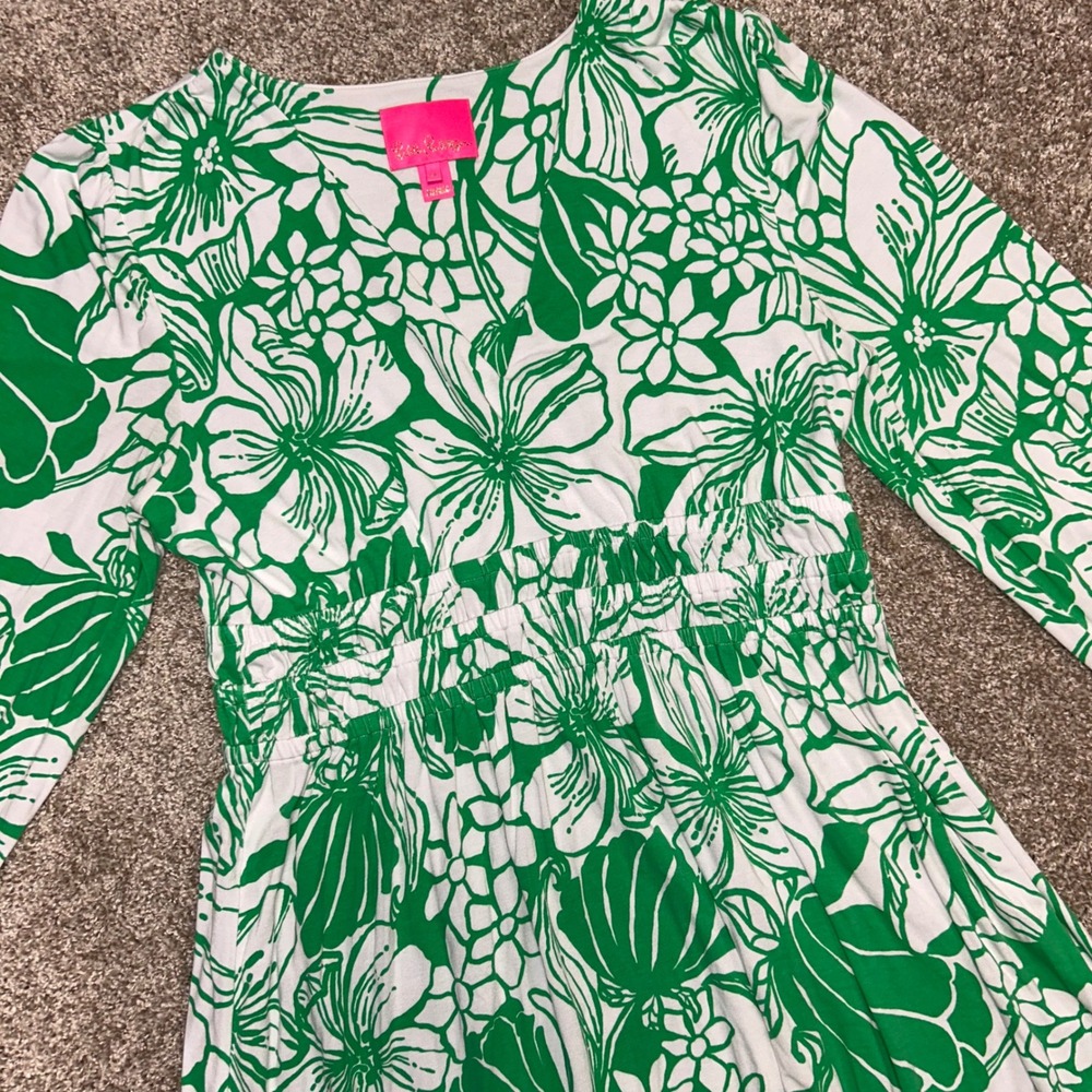 Lilly Pulitzer Long Sleeve Floral Dress Womens XL Green White Resort Preppy